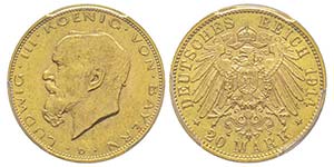 Baden, Ludwig II 1864-1886 20 Mark, 1914 D, ... 