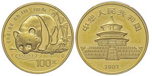 China, 100 Yuan, 1987-S, AU 31.1 g. 999‰ ... 