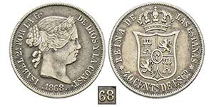 Isabel II 1833-1868 40 Centimos, 1868, 8 sur ... 