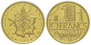  Piéfort en or de 10 Francs Mathieu, 1974, ... 