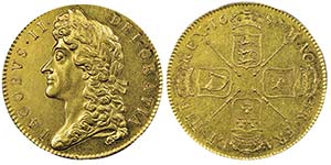 James II 1685-1688
5 Guineas, 1687, sur la ... 