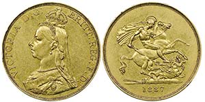 Victoria 1837-1901  
5 Pounds, 1887, AU 40 ... 