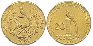Guatemala
20 Quetzales, 1926, AU 33.47 g. ... 