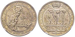 San Marino
20 Lire, 1933 R, AG 15.08 g.
Ref ... 