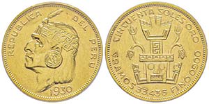 Peru 
50 Soles Inca, 1930, AU 33.47 g. ... 