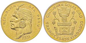 Peru 
50 Soles Inca, 1931, AU 33.47 g. ... 