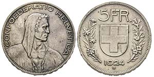 Switzerland
5 Francs, Bern, 1924, AG 25 ... 