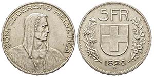 Switzerland
5 Francs, Bern, 1928, AG 25 ... 