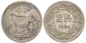 Switzerland
2 Francs, Bern, 1860 B, AG 10 ... 