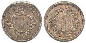 Switzerland
1 Rappen, Bern, 1866, Billon 0.7 ... 
