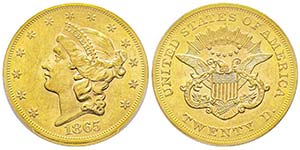 20 Dollars, Philadelphia, 1865, AU 33.43 ... 