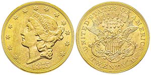 20 Dollars, Philadelphia, 1875, AU 33.43 ... 