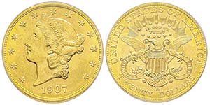 20 Dollars, Denver, 1907 D, AU 33.43 g.
Ref ... 