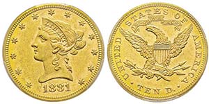 10 Dollars, Philadelphia, 1881, AU 16.71 ... 