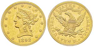 10 Dollars, Philadelphia, 1892, AU 16.71 ... 