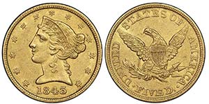 5 Dollars, Philadephia, 1843, AU 8.35 g.
Ref ... 
