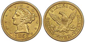 5 Dollars, New Orleans, 1851 O, AU 8.35 ... 