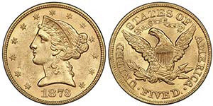 5 Dollars, Philadephia, 1873, Closed 3, AU ... 