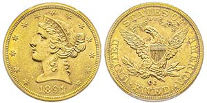 5 Dollars, Carson City, 1891 CC, AU 8.21 ... 