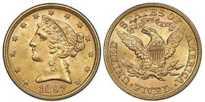 5 Dollars, Philadephia, 1897, AU 8.35 g.
Ref ... 