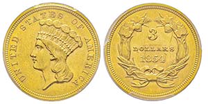 3 Dollars, Philadelphia, 1854, Liberty Head ... 
