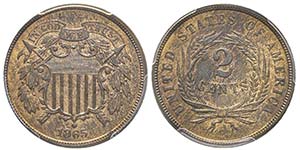 2 centimes, Philadephia, 1865, AE 6.22 ... 