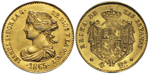 Isabel II  1833-1868 4 escudos, 1865, Faux ... 