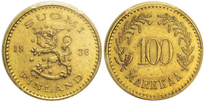 100 markkaa, 1926S, AU 4.21g.  Ref : KM#28, ... 
