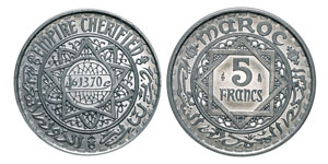 Mohammed V 1346-1380 (1927-1961) 5 Francs, ... 