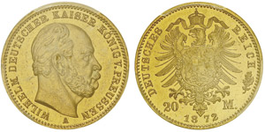 Wilhelm I 1861-188820 mark, 1872A, AU 7.96g. ... 