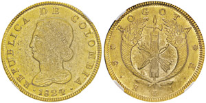 8 Escudos, Bogota, 1824/3 JF, AU 27g. Ref : ... 