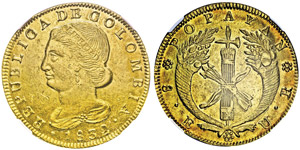 8 Escudos, Popayan, 1832 UR, AU 27g. Ref : ... 