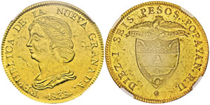 16 Pesos, Popayan, 1838 RU, AU 27g. Ref : ... 