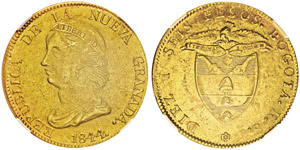 16 Pesos, Bogota, 1844 RS, AU 27g. Ref : ... 