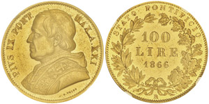 Pie IX 1846-1878100 Lire, Rome, 1866, AN ... 