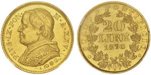 Pie IX 1846-187820 Lire, Rome, 1870, AN XXV, ... 