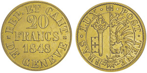 20 francs, Geneve, 1848, AU 7.6g.Ref : ... 