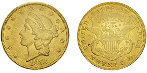 20 Dollars,Philadelphie, 1873 «OPEN 3», AU ... 