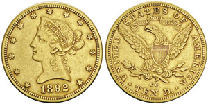 10 Dollars,Carson City, 1892, AU 16.61g.Ref ... 