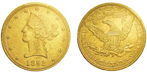 10 Dollars,Philadelphie, 1892, AU 16.71g.Ref ... 