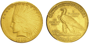 10 Dollars,Denver, 1910D, AU 16.71g.Ref : ... 