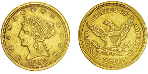 2.5 Dollars,Philadelphie, 1853, AU 4.18g.Ref ... 