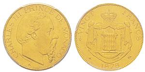 Monaco, Charles III 1856-1889 20 francs, ... 