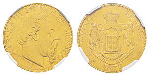 Monaco, Charles III 1856-1889 20 Francs, ... 