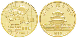 China, 100 Yuan, 1989, AU 31.1 g. 999‰ Ref ... 