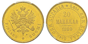 Finland, 20 Markkaa, 1880 S, AU 6.45 g. Ref ... 