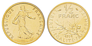 France, Piéfort or de 1/2 franc Semeuse, ... 