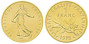 France, Piéfort or de 1 franc Semeuse, ... 