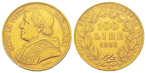 Vatican, Pio IX 1846-1878 100 Lire, Roma, ... 