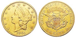 USA 20 Dollars, San Francisco, 1864 S, AU ... 